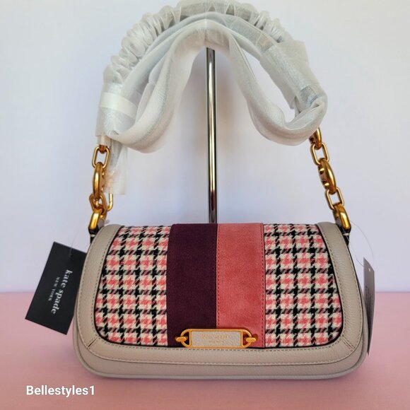 KATE SPADE Gramercy Racing Stripe Plaid Twill Small Flap Shoulder Bag- Mushroom⭐ - Picture 1 of 16